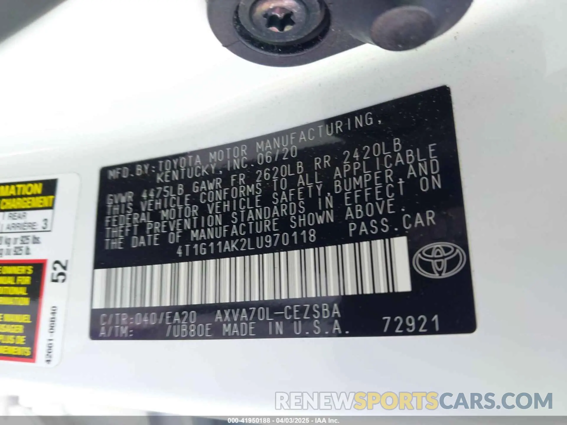 9 fotografías del automóvil dañado 4T1G11AK2LU970118 TOYOTA CAMRY 2020