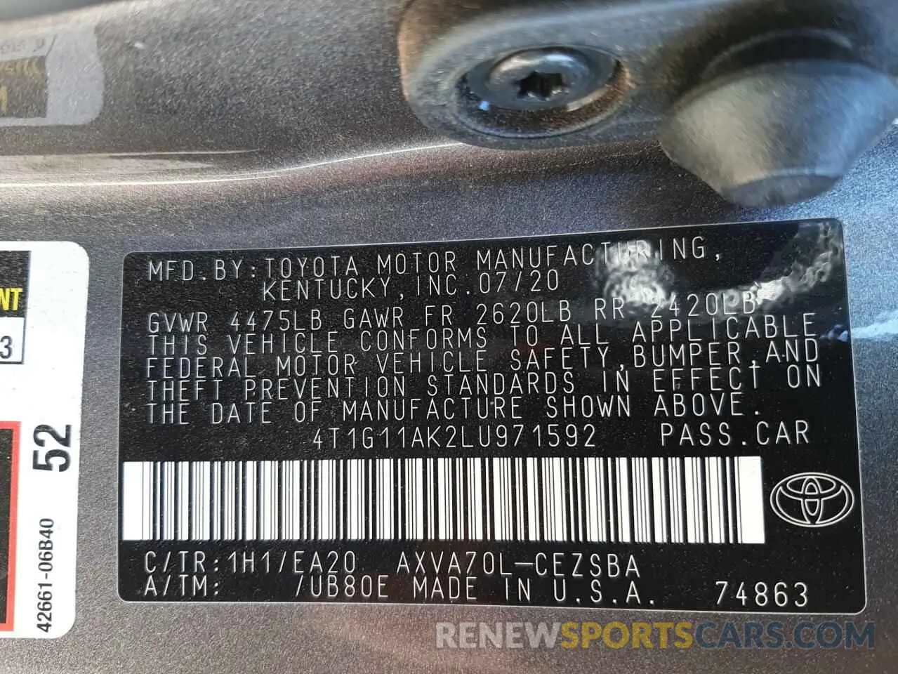 10 fotografías del automóvil dañado 4T1G11AK2LU971592 TOYOTA CAMRY 2020