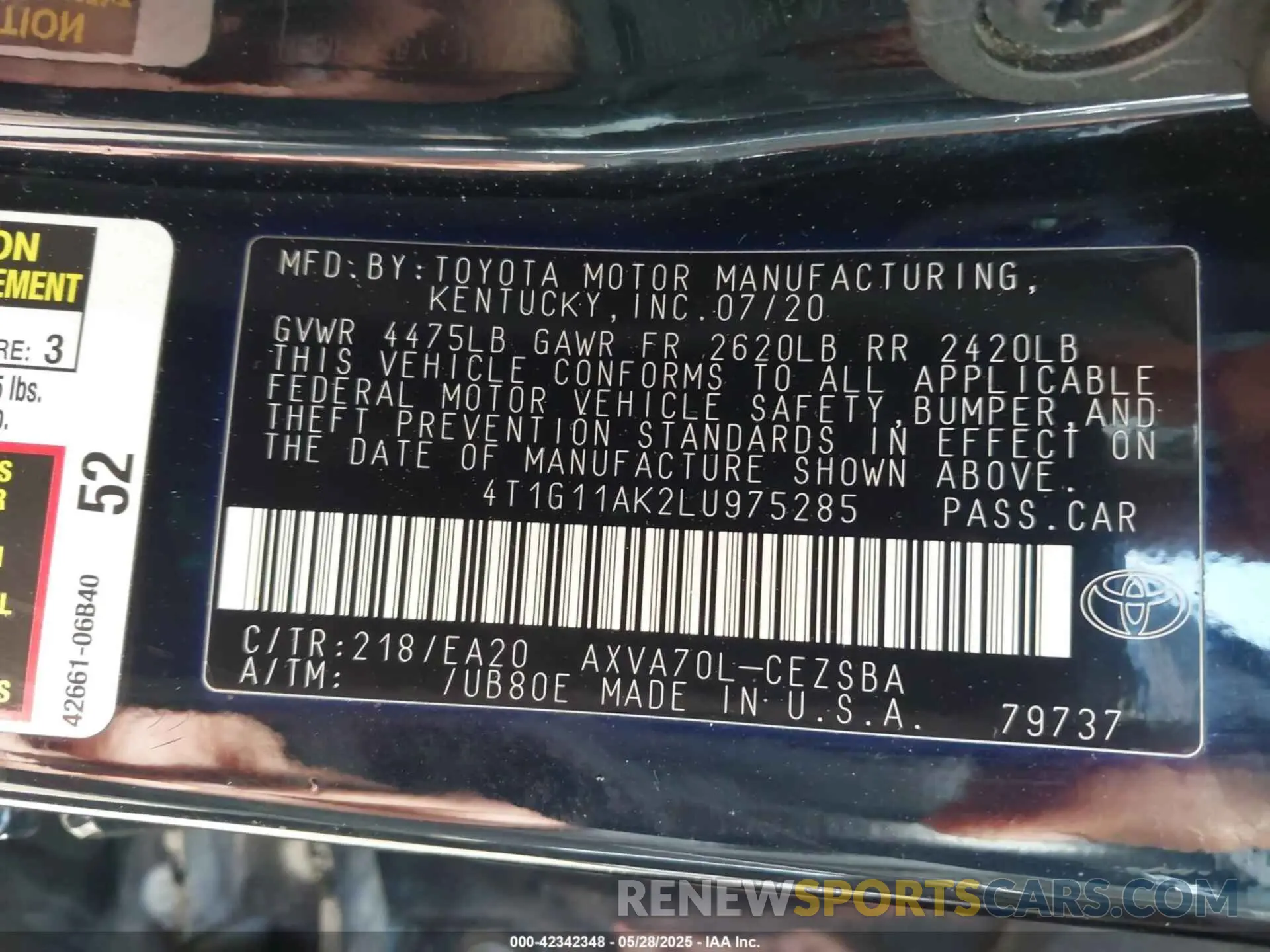 9 fotografías del automóvil dañado 4T1G11AK2LU975285 TOYOTA CAMRY 2020