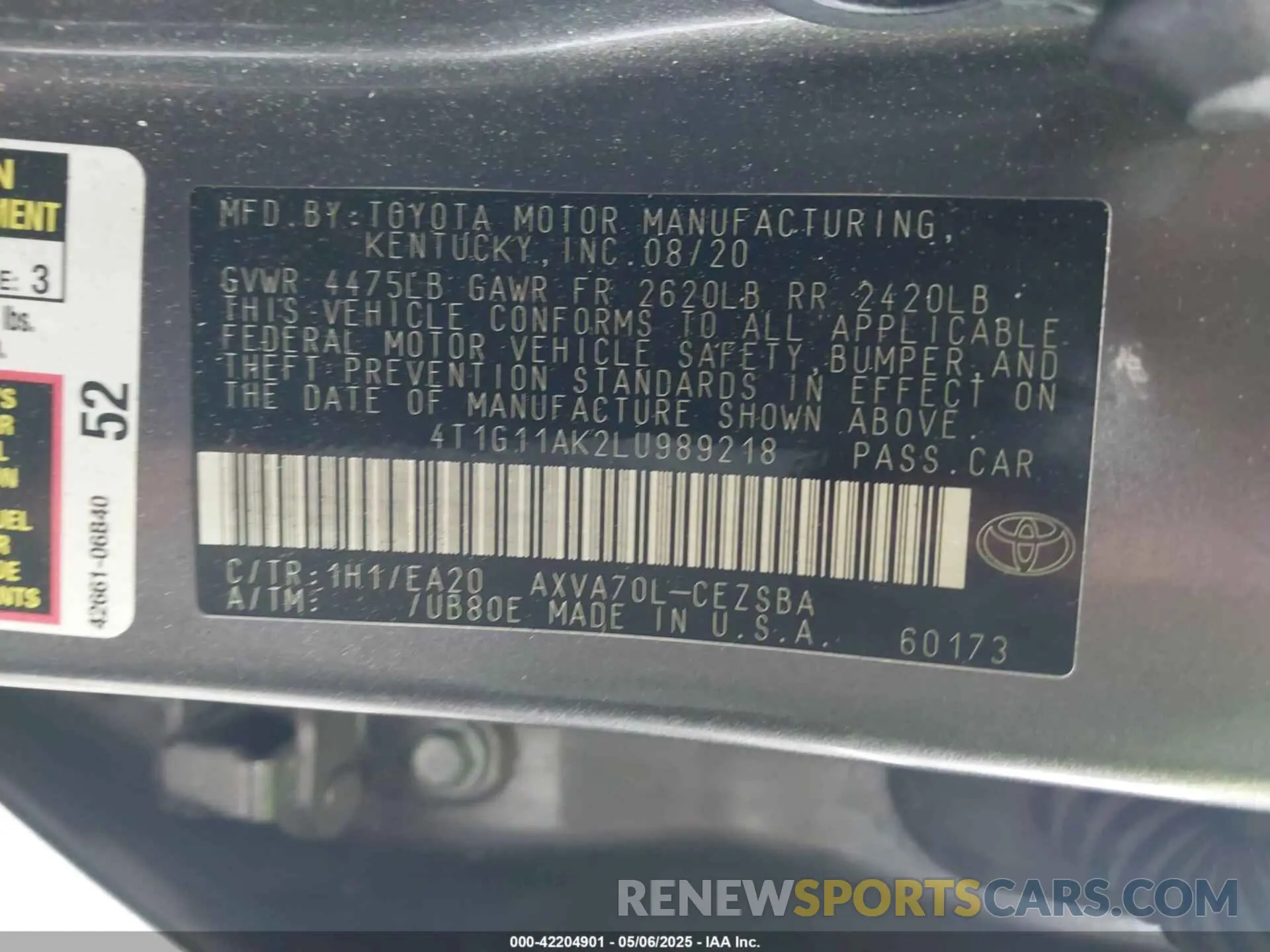 9 fotografías del automóvil dañado 4T1G11AK2LU989218 TOYOTA CAMRY 2020