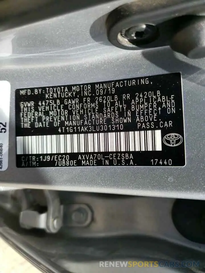 10 fotografías del automóvil dañado 4T1G11AK3LU301310 TOYOTA CAMRY 2020