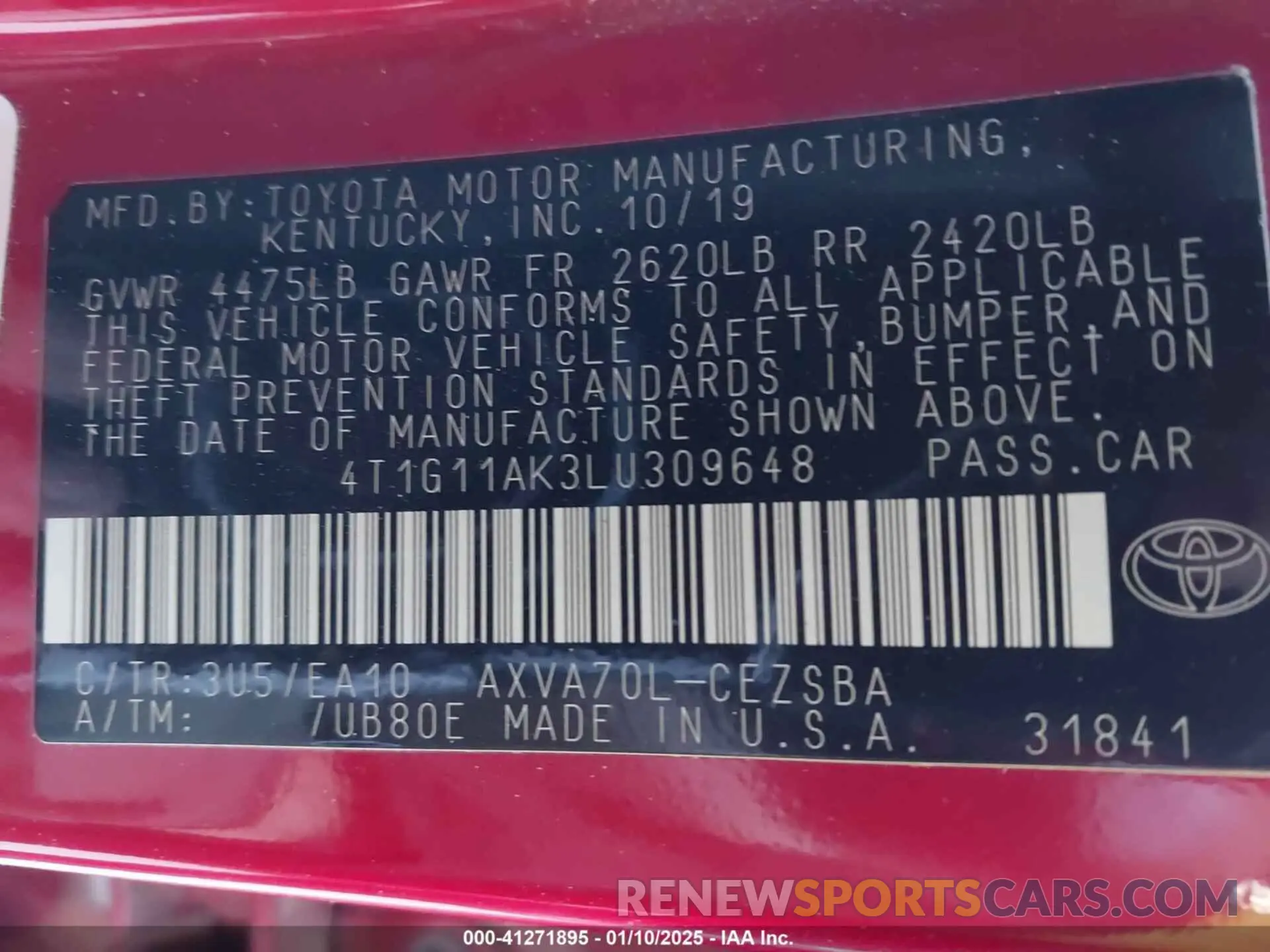 9 fotografías del automóvil dañado 4T1G11AK3LU309648 TOYOTA CAMRY 2020