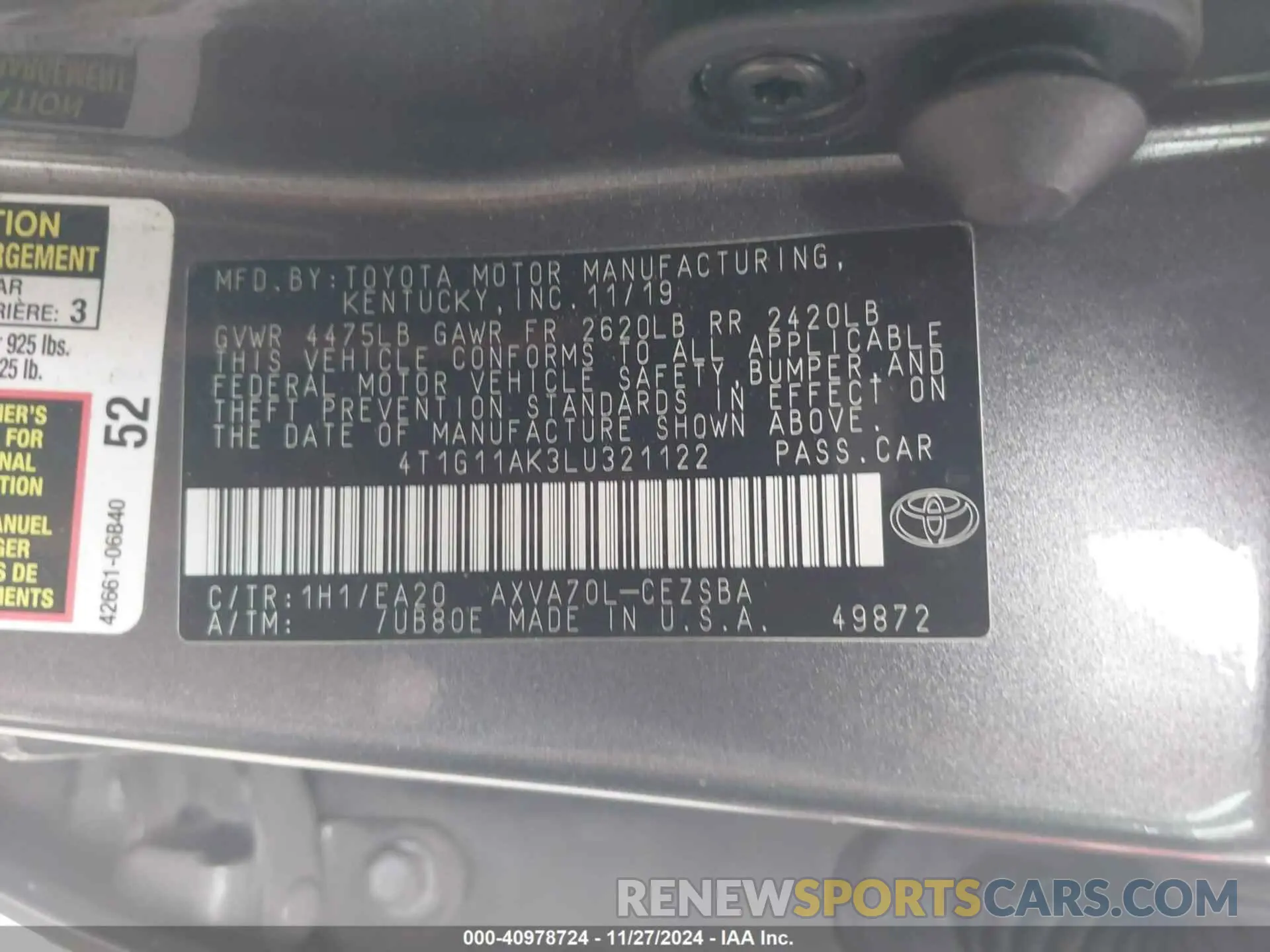 9 fotografías del automóvil dañado 4T1G11AK3LU321122 TOYOTA CAMRY 2020