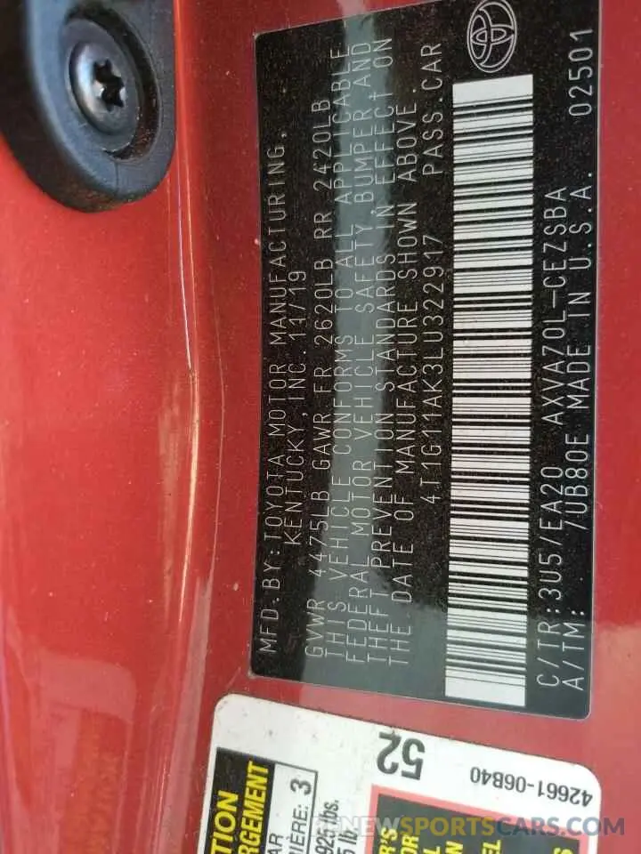 10 fotografías del automóvil dañado 4T1G11AK3LU322917 TOYOTA CAMRY 2020