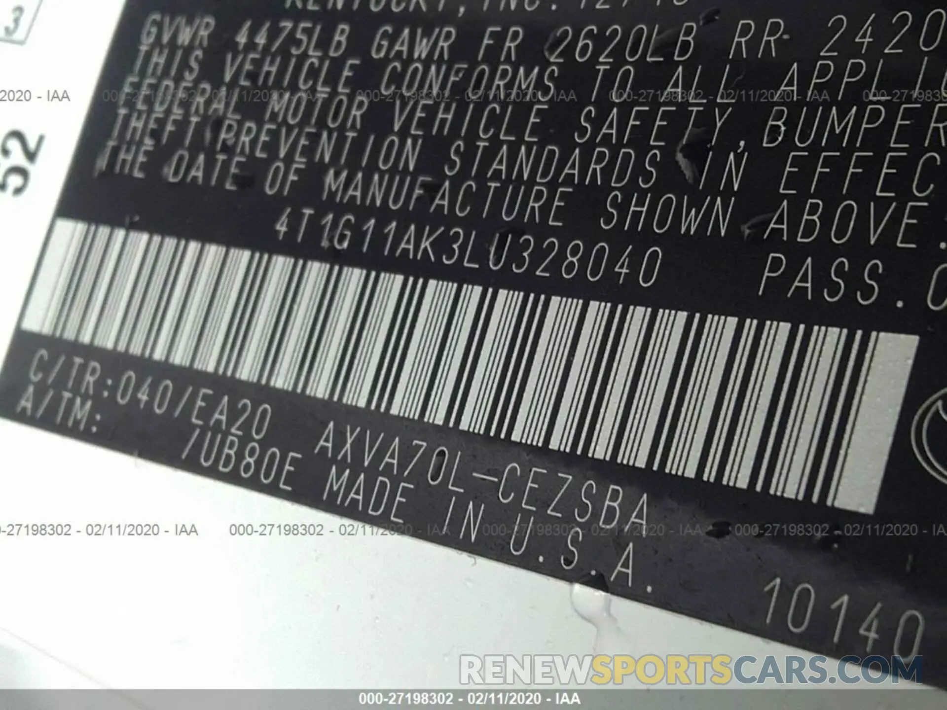 9 fotografías del automóvil dañado 4T1G11AK3LU328040 TOYOTA CAMRY 2020