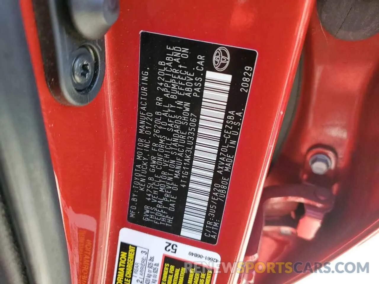 13 fotografías del automóvil dañado 4T1G11AK3LU335067 TOYOTA CAMRY 2020
