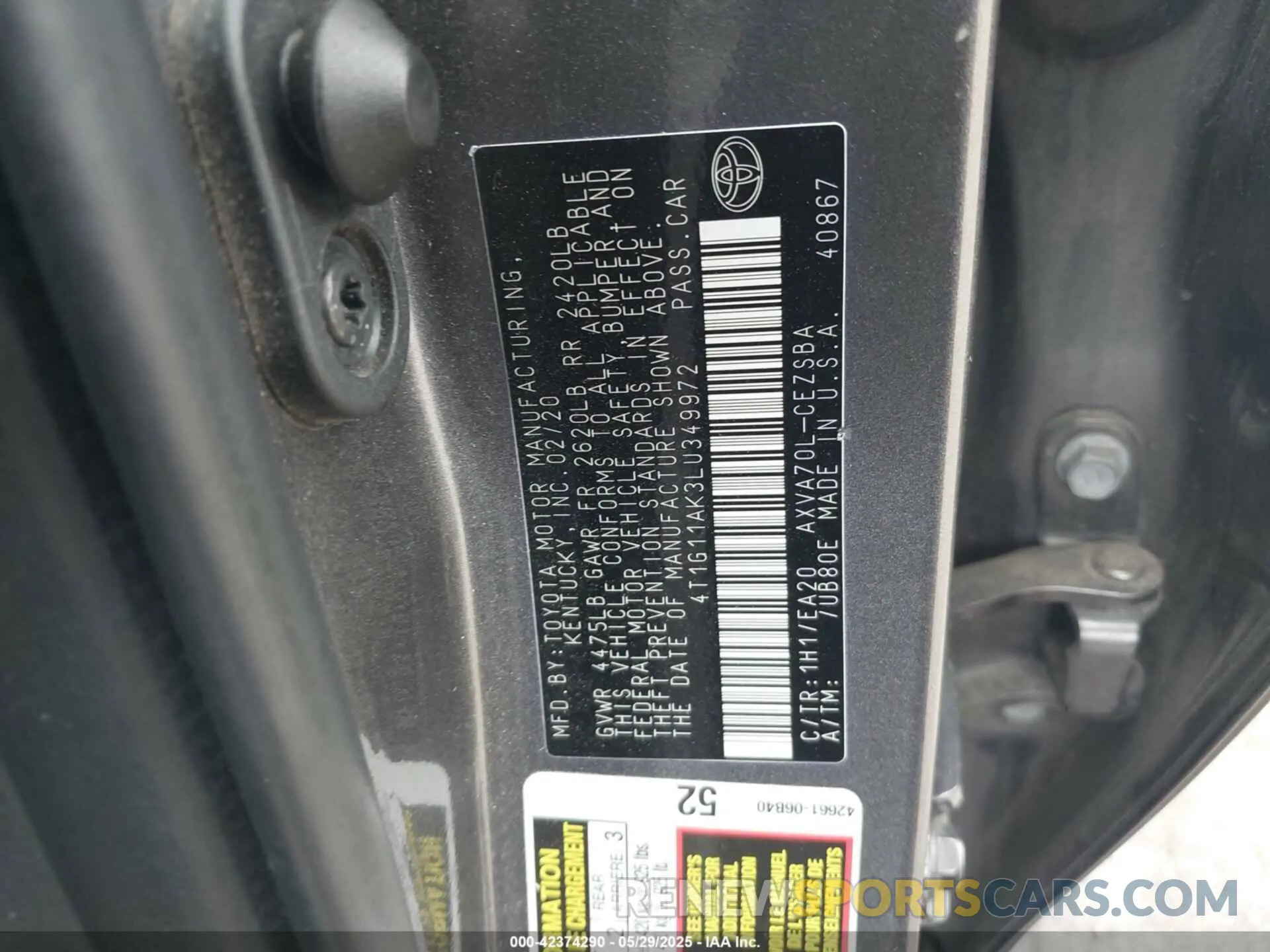 9 fotografías del automóvil dañado 4T1G11AK3LU349972 TOYOTA CAMRY 2020