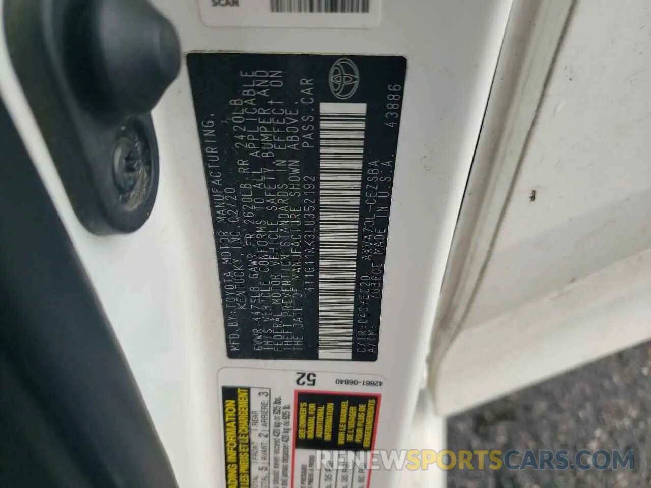 12 fotografías del automóvil dañado 4T1G11AK3LU352192 TOYOTA CAMRY 2020