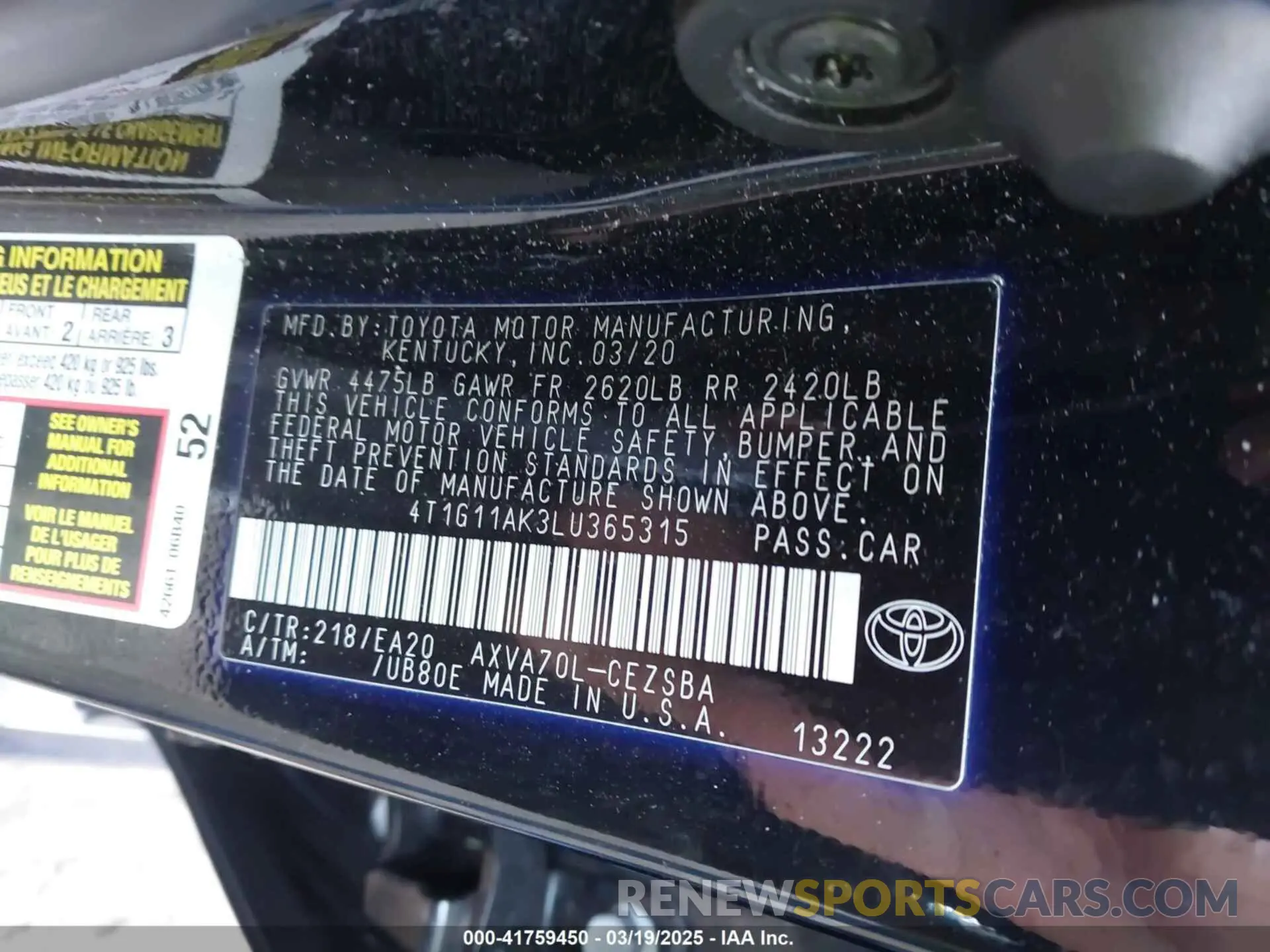 9 fotografías del automóvil dañado 4T1G11AK3LU365315 TOYOTA CAMRY 2020