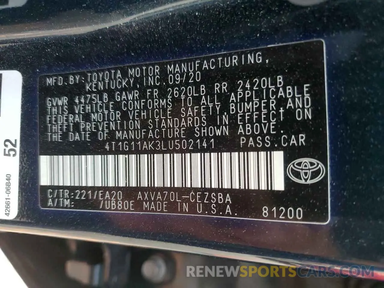 12 fotografías del automóvil dañado 4T1G11AK3LU502141 TOYOTA CAMRY 2020