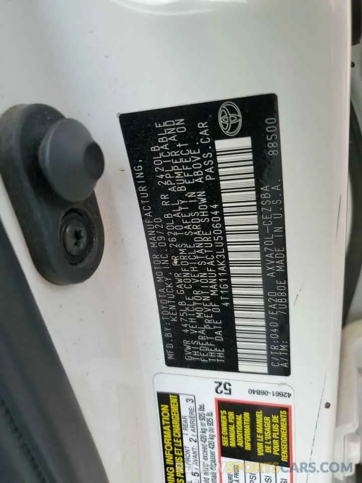 12 fotografías del automóvil dañado 4T1G11AK3LU506044 TOYOTA CAMRY 2020
