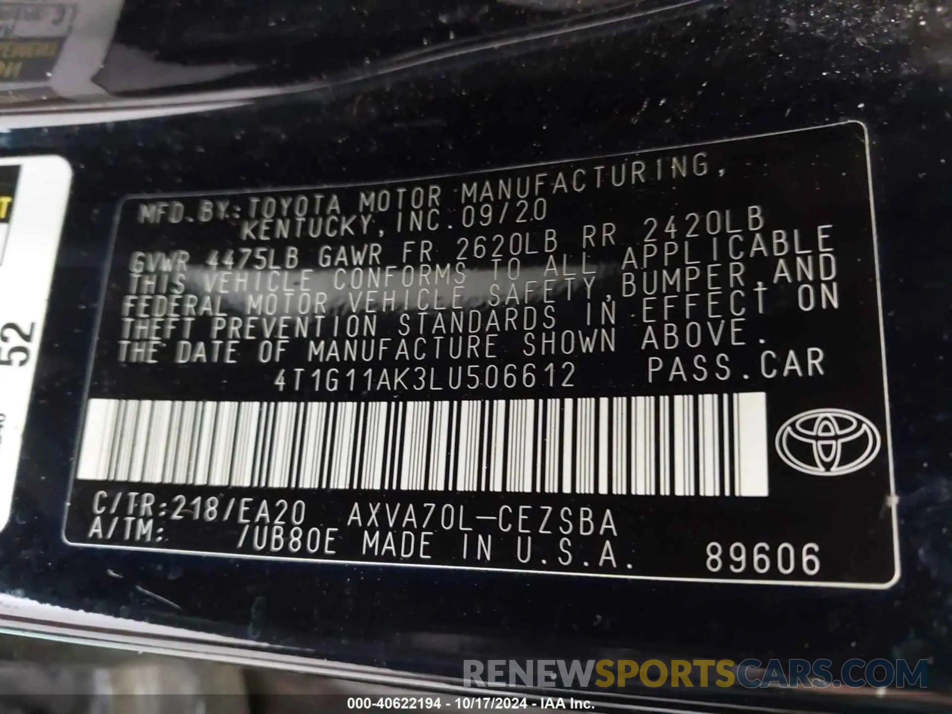 9 fotografías del automóvil dañado 4T1G11AK3LU506612 TOYOTA CAMRY 2020