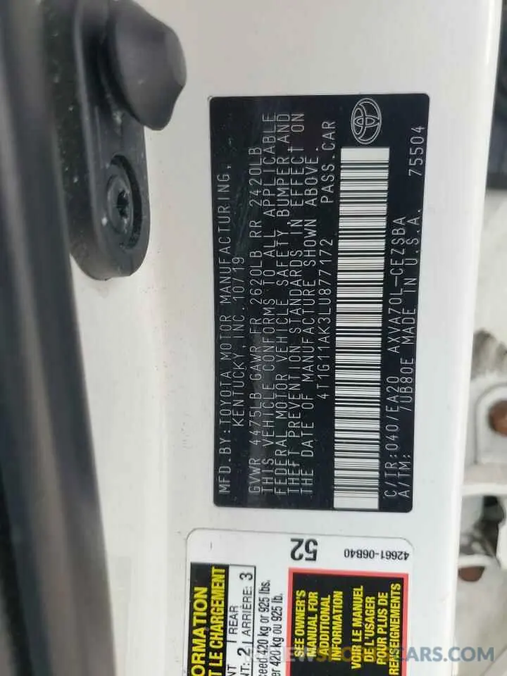 13 fotografías del automóvil dañado 4T1G11AK3LU877172 TOYOTA CAMRY 2020