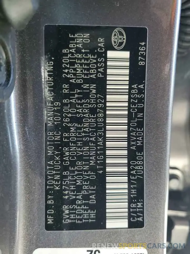 13 fotografías del automóvil dañado 4T1G11AK3LU887927 TOYOTA CAMRY 2020
