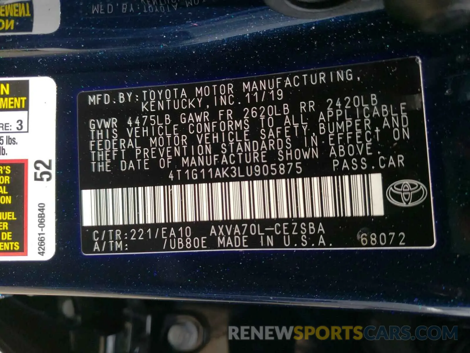 10 fotografías del automóvil dañado 4T1G11AK3LU905875 TOYOTA CAMRY 2020