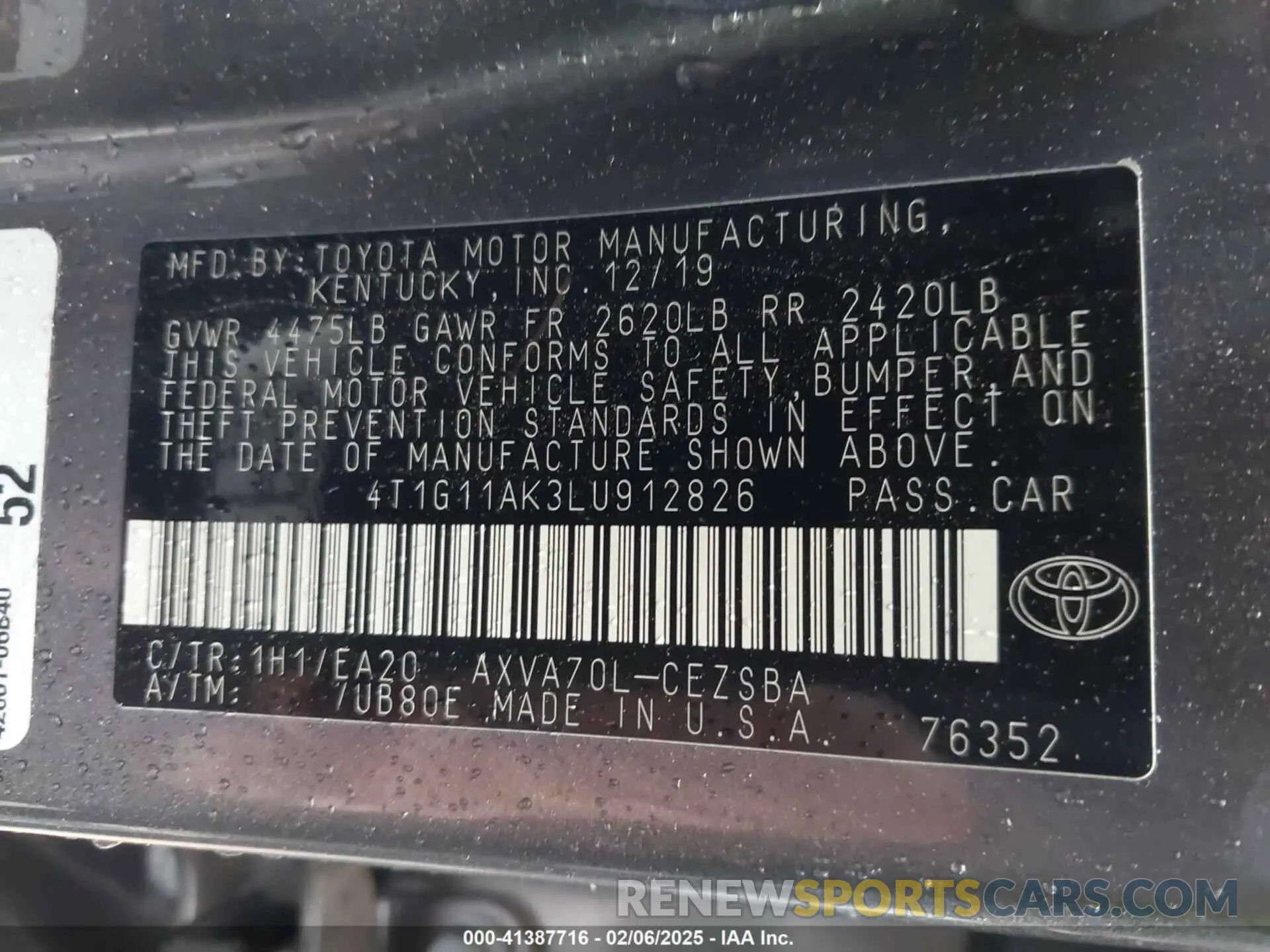 9 fotografías del automóvil dañado 4T1G11AK3LU912826 TOYOTA CAMRY 2020