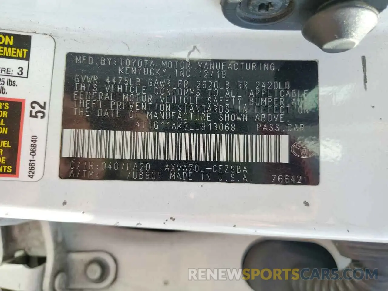12 fotografías del automóvil dañado 4T1G11AK3LU913068 TOYOTA CAMRY 2020