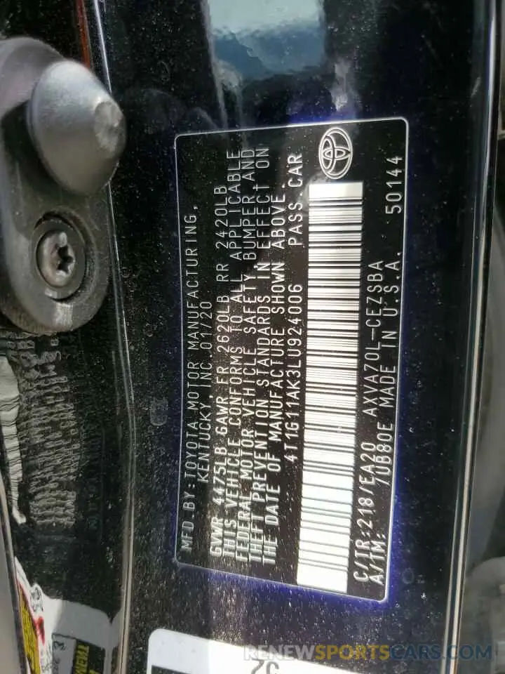 12 fotografías del automóvil dañado 4T1G11AK3LU924006 TOYOTA CAMRY 2020