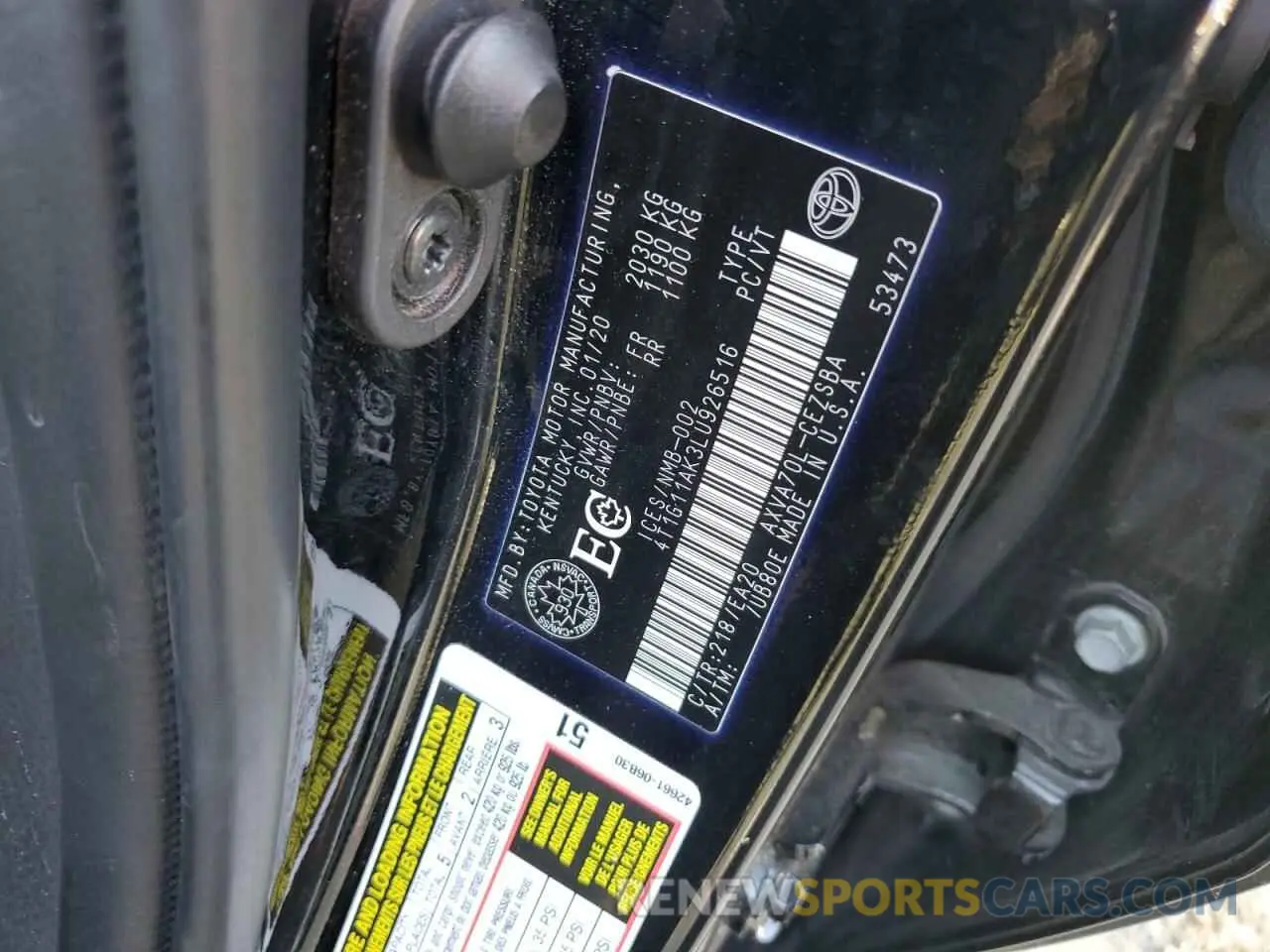 12 fotografías del automóvil dañado 4T1G11AK3LU926516 TOYOTA CAMRY 2020
