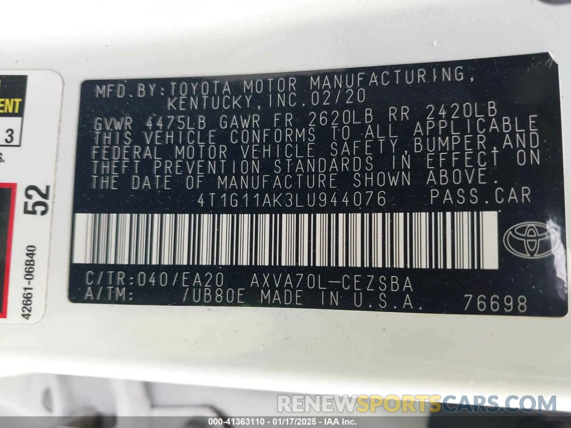 9 fotografías del automóvil dañado 4T1G11AK3LU944076 TOYOTA CAMRY 2020