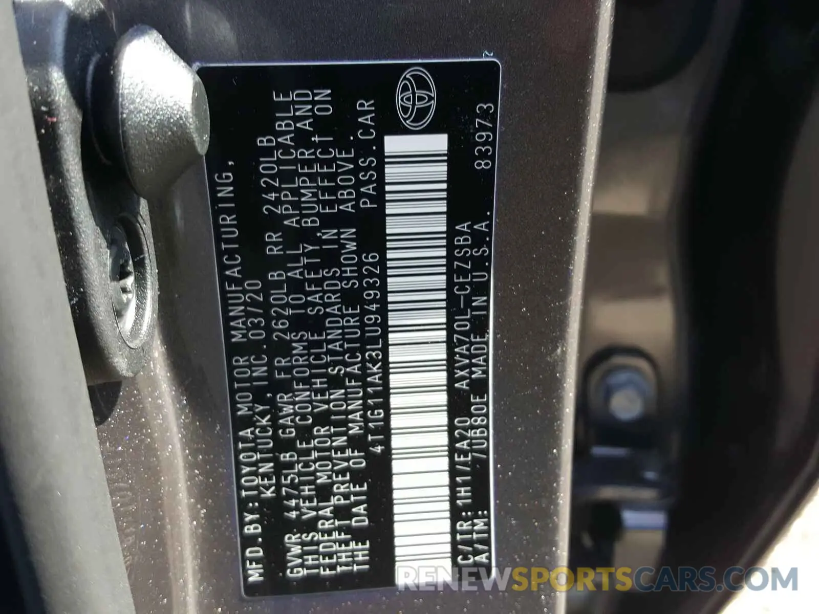 10 fotografías del automóvil dañado 4T1G11AK3LU949326 TOYOTA CAMRY 2020