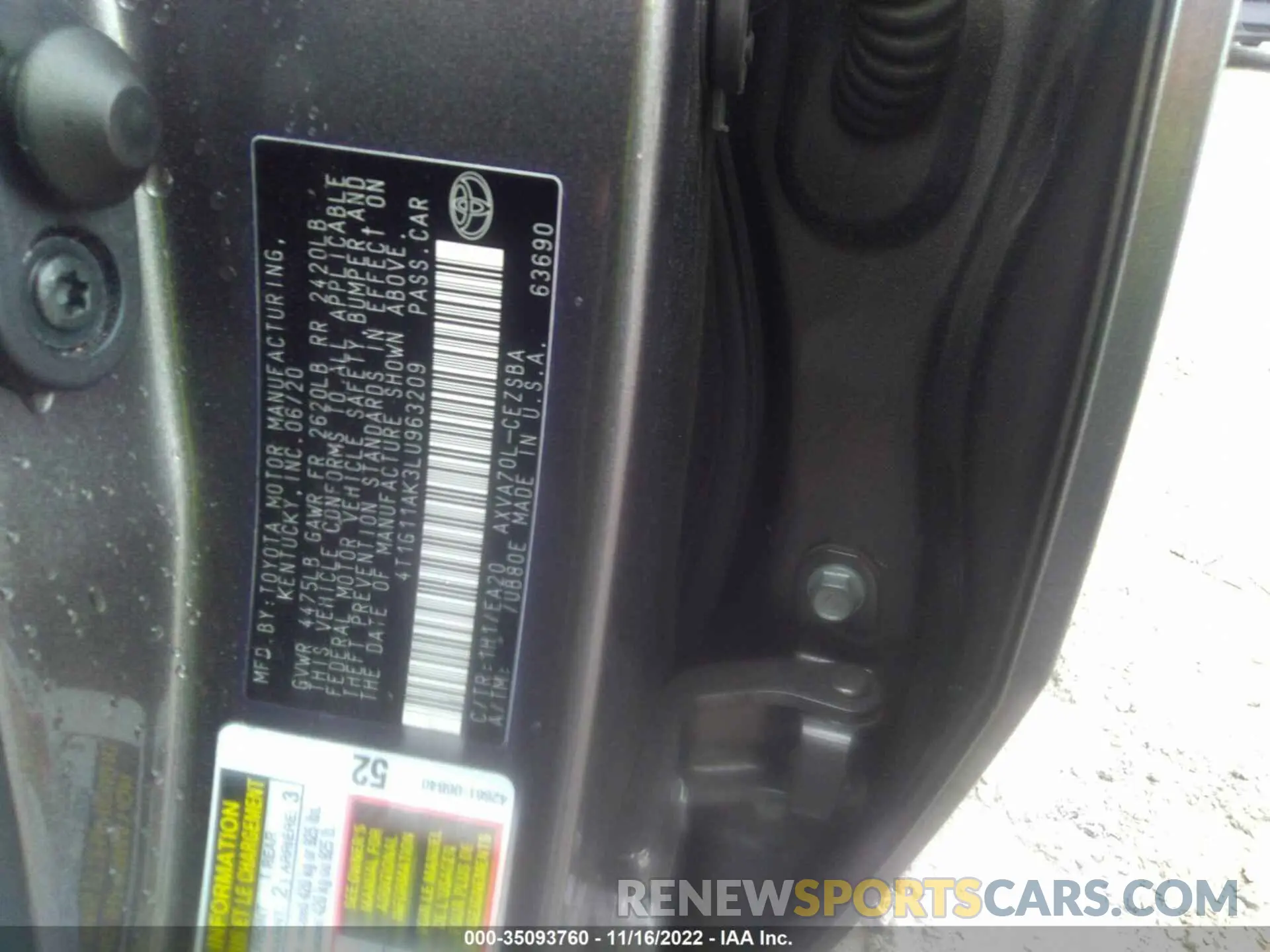 9 fotografías del automóvil dañado 4T1G11AK3LU963209 TOYOTA CAMRY 2020