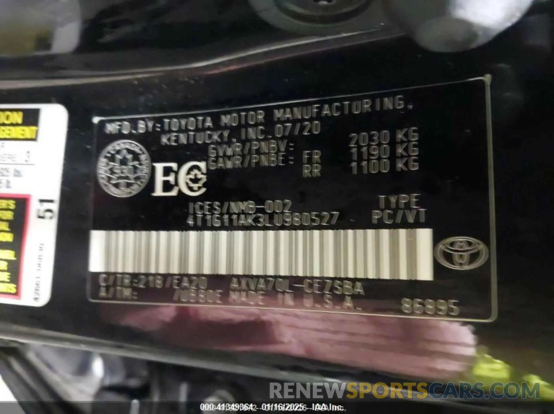 9 fotografías del automóvil dañado 4T1G11AK3LU980527 TOYOTA CAMRY 2020