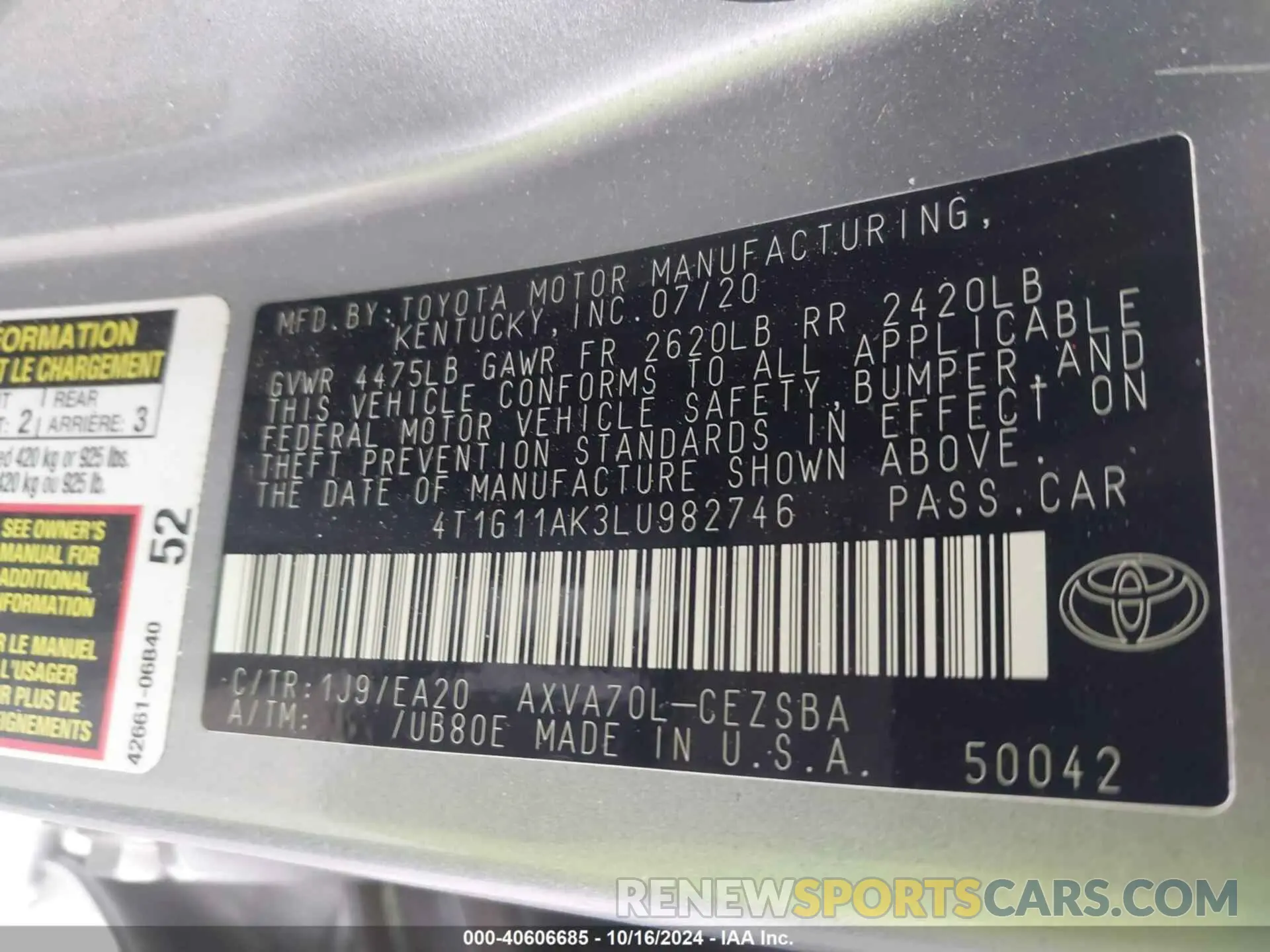 9 fotografías del automóvil dañado 4T1G11AK3LU982746 TOYOTA CAMRY 2020