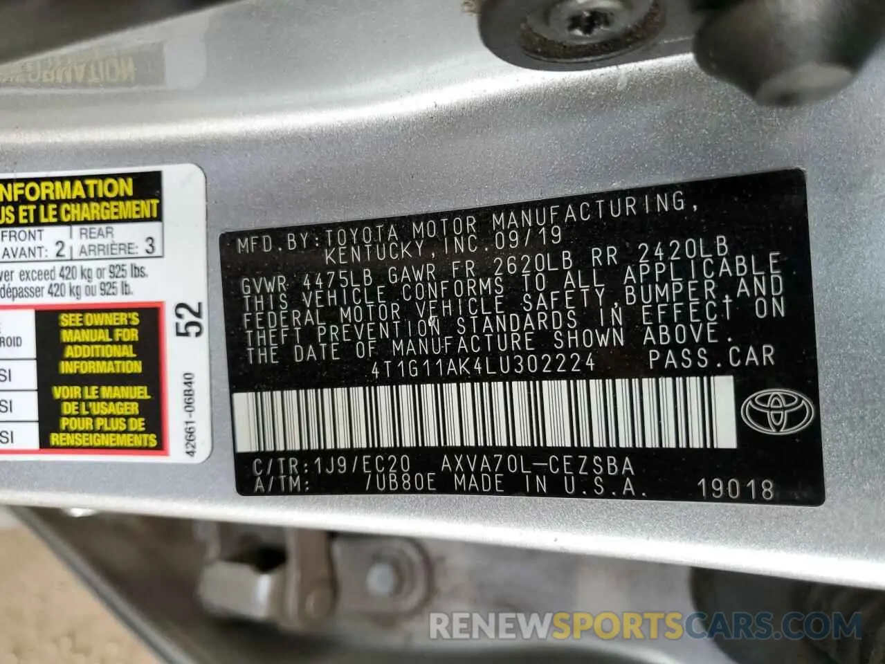 12 fotografías del automóvil dañado 4T1G11AK4LU302224 TOYOTA CAMRY 2020