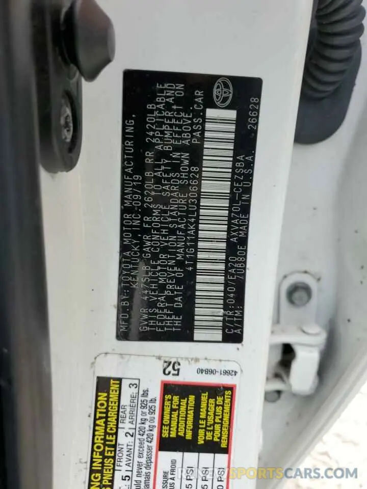 10 fotografías del automóvil dañado 4T1G11AK4LU306628 TOYOTA CAMRY 2020