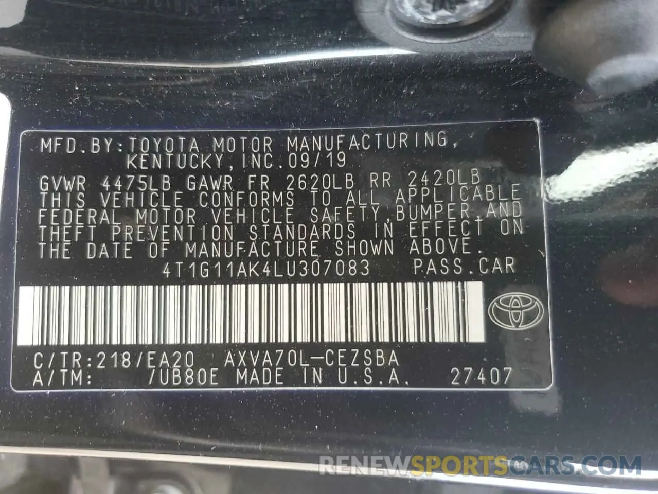 12 fotografías del automóvil dañado 4T1G11AK4LU307083 TOYOTA CAMRY 2020