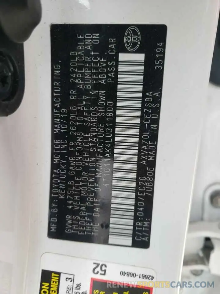 10 fotografías del automóvil dañado 4T1G11AK4LU311800 TOYOTA CAMRY 2020