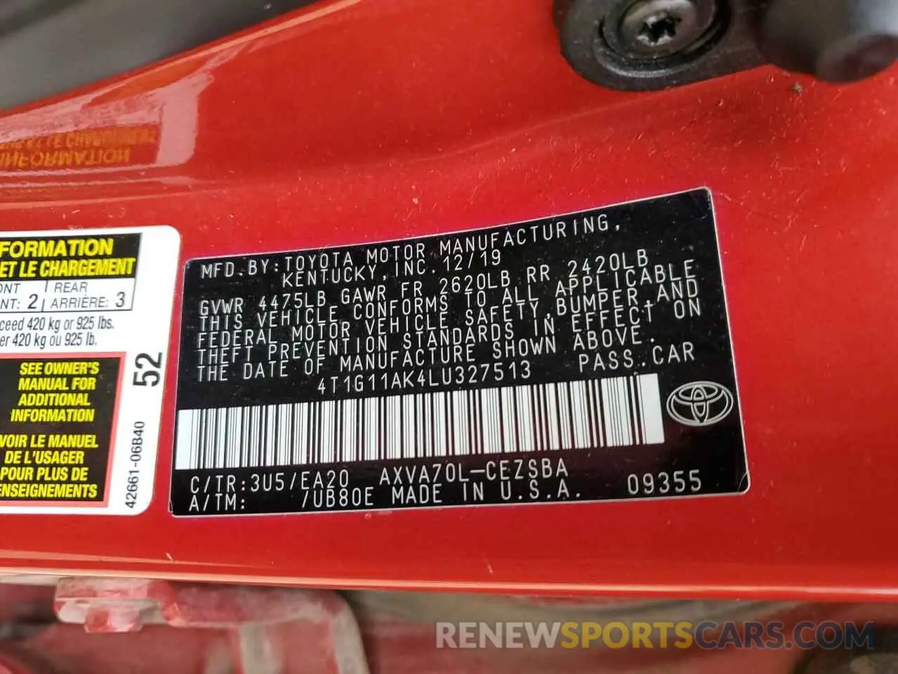 12 fotografías del automóvil dañado 4T1G11AK4LU327513 TOYOTA CAMRY 2020
