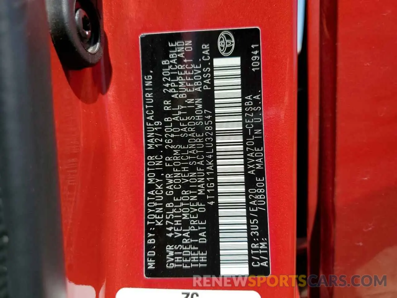 15 fotografías del automóvil dañado 4T1G11AK4LU328547 TOYOTA CAMRY 2020