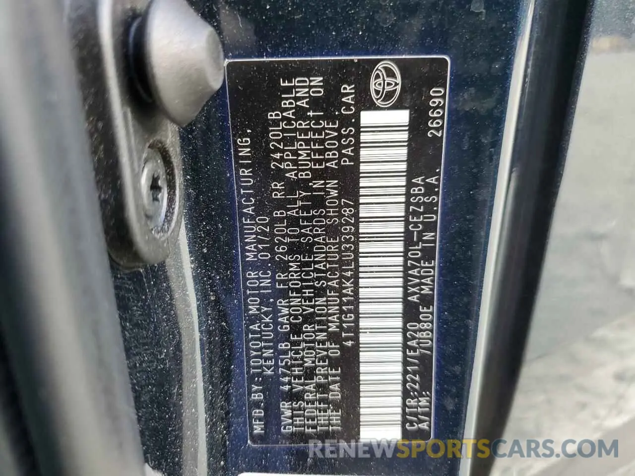12 fotografías del automóvil dañado 4T1G11AK4LU339287 TOYOTA CAMRY 2020