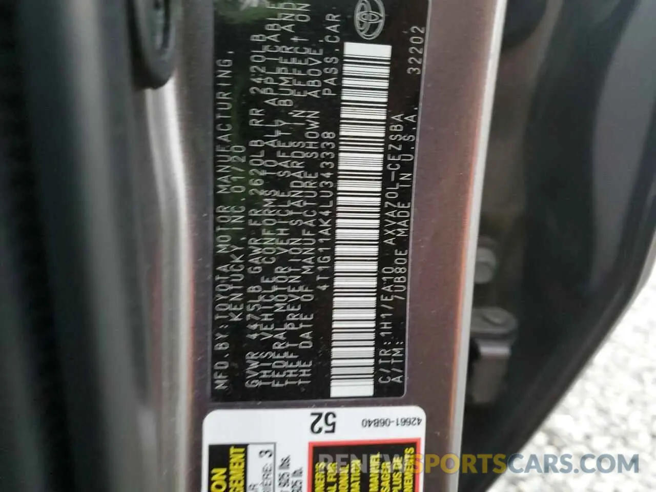 12 fotografías del automóvil dañado 4T1G11AK4LU343338 TOYOTA CAMRY 2020