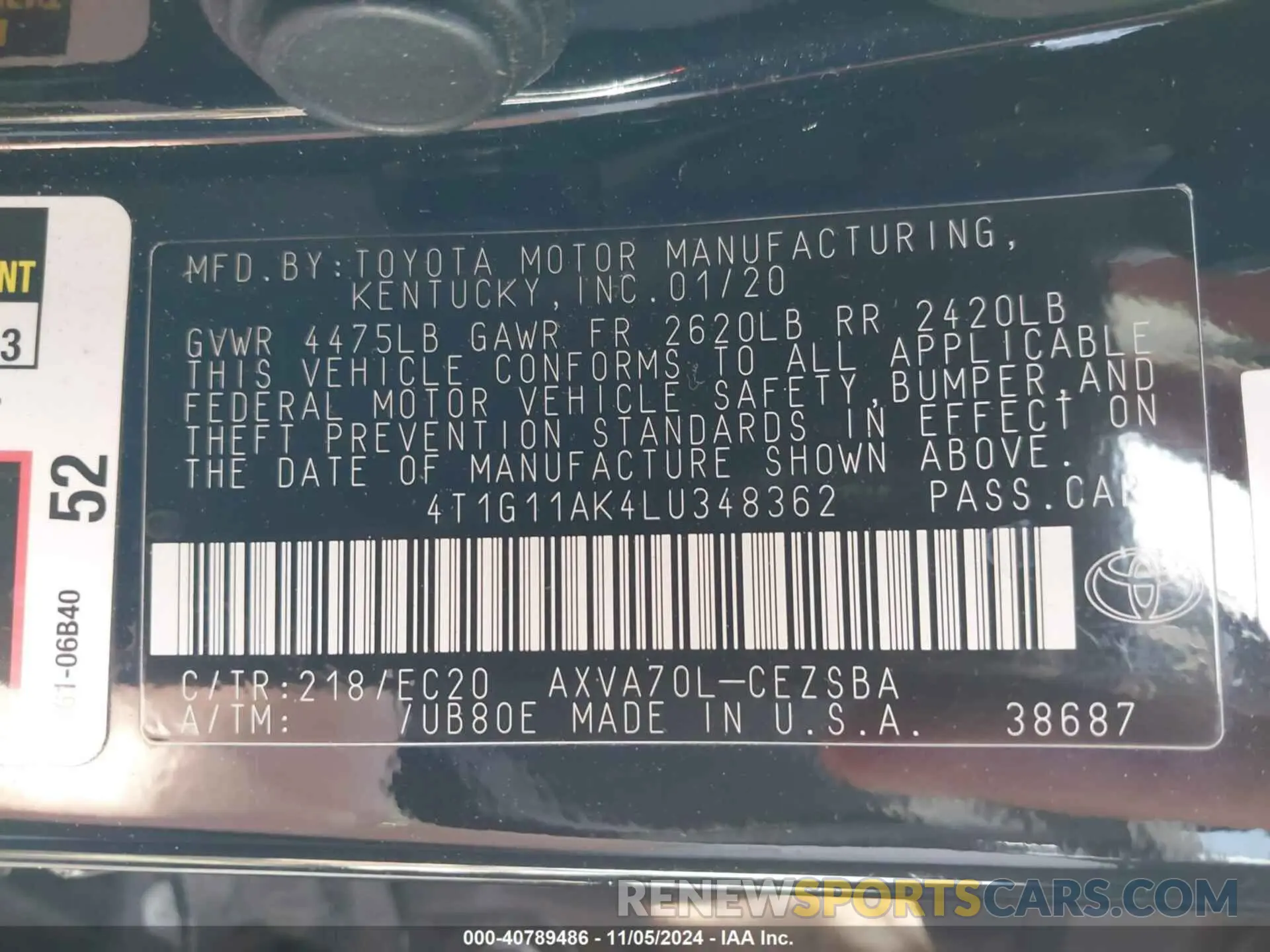 9 fotografías del automóvil dañado 4T1G11AK4LU348362 TOYOTA CAMRY 2020
