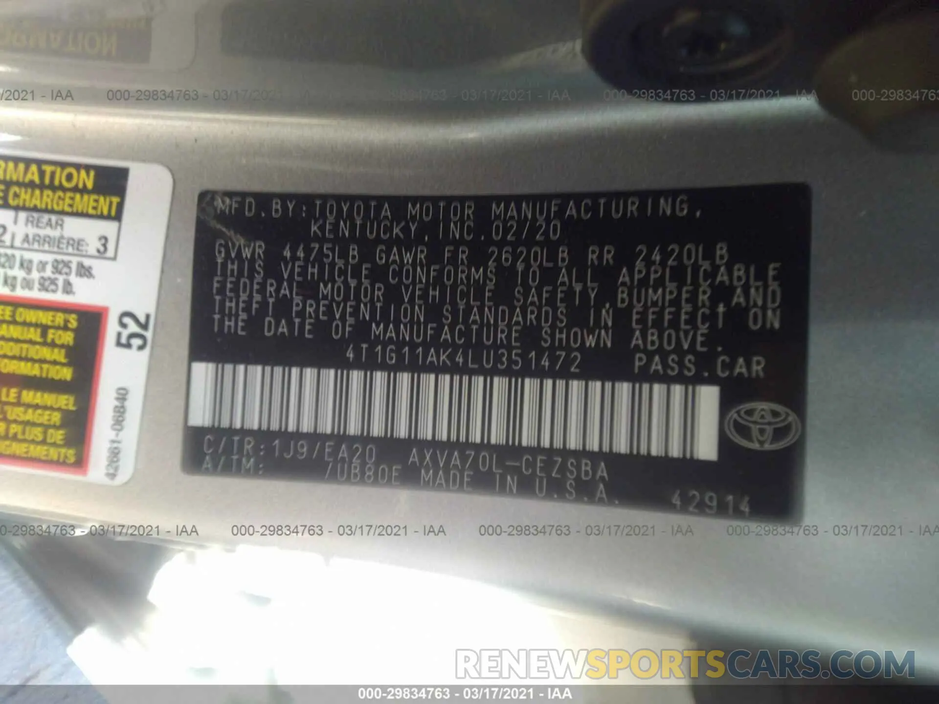 9 fotografías del automóvil dañado 4T1G11AK4LU351472 TOYOTA CAMRY 2020