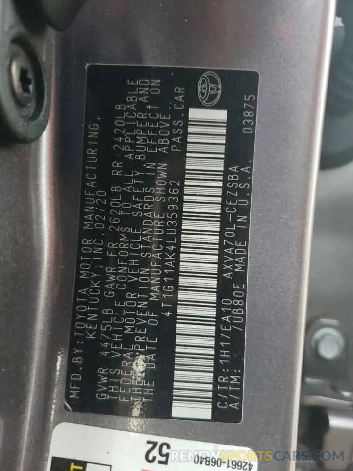 13 fotografías del automóvil dañado 4T1G11AK4LU359362 TOYOTA CAMRY 2020