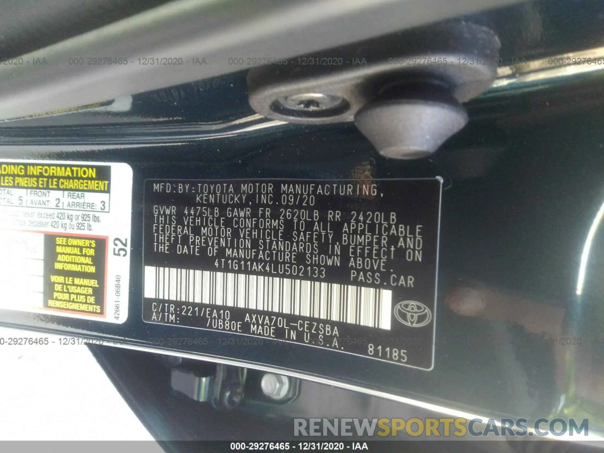 9 fotografías del automóvil dañado 4T1G11AK4LU502133 TOYOTA CAMRY 2020