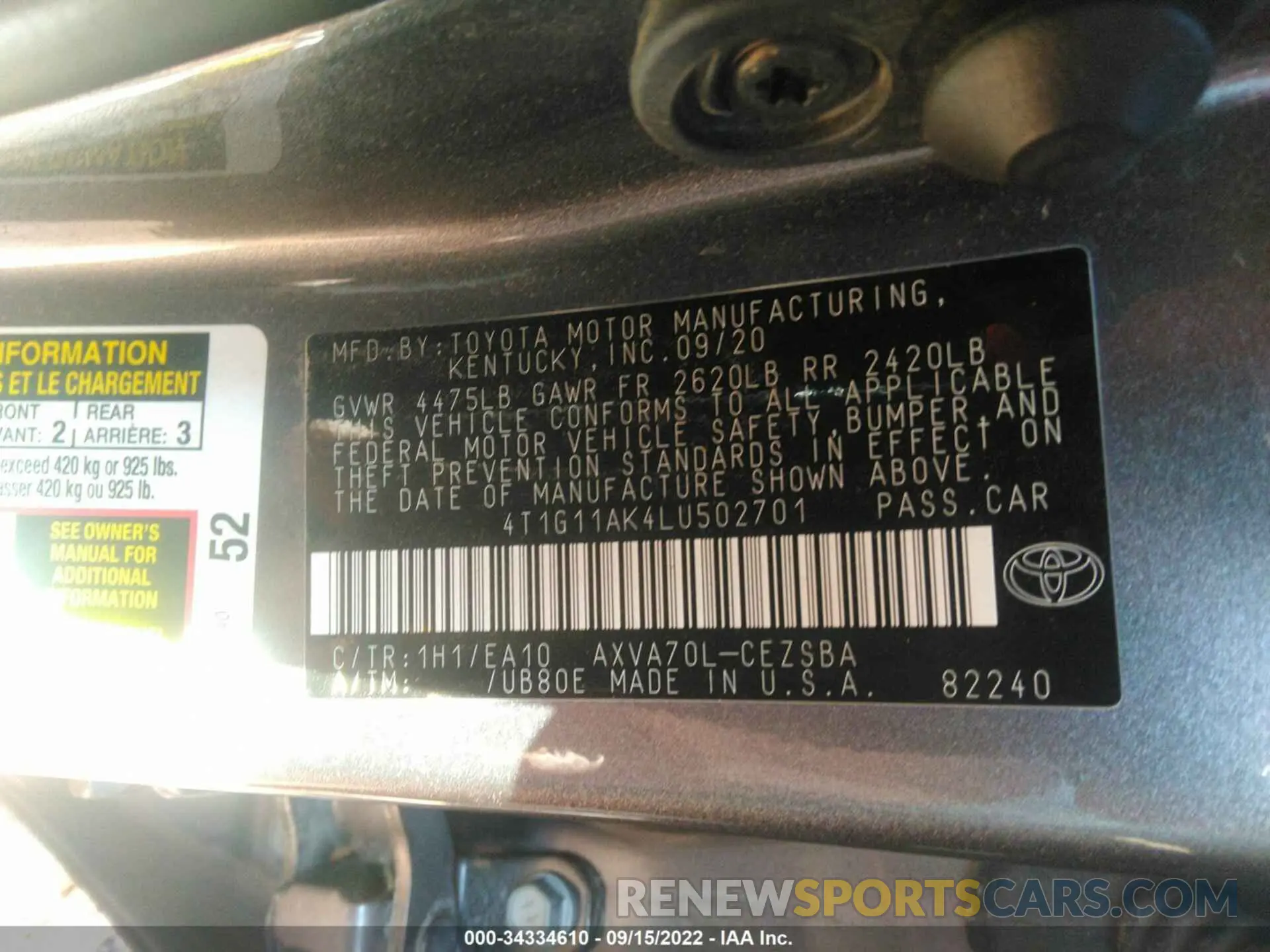 9 fotografías del automóvil dañado 4T1G11AK4LU502701 TOYOTA CAMRY 2020