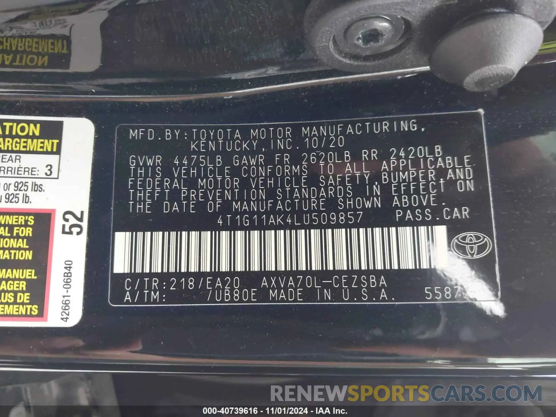 9 fotografías del automóvil dañado 4T1G11AK4LU509857 TOYOTA CAMRY 2020