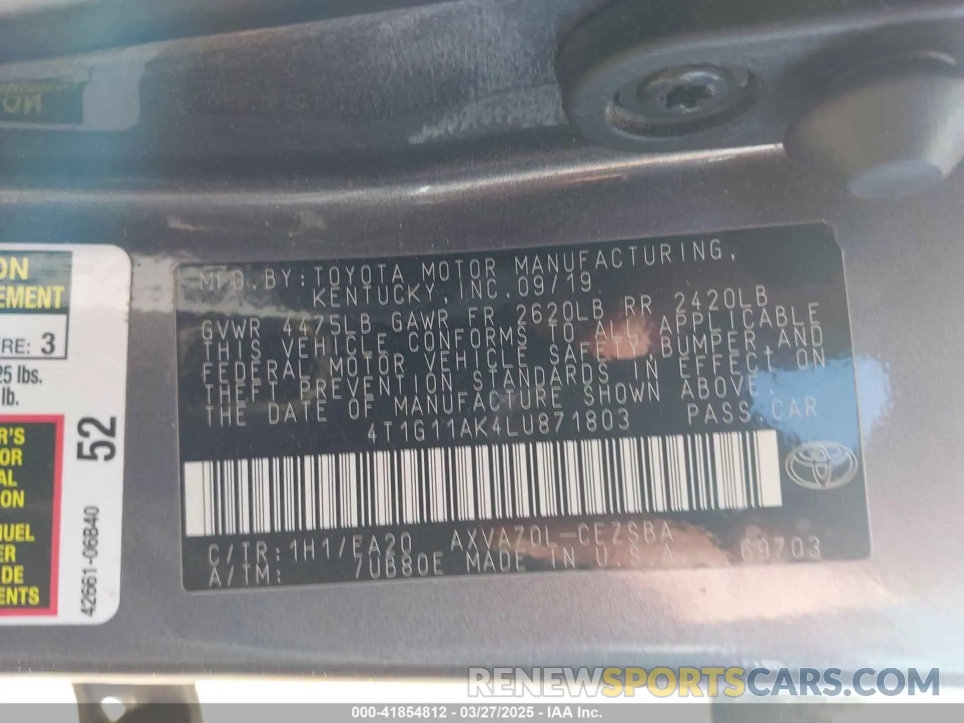 9 fotografías del automóvil dañado 4T1G11AK4LU871803 TOYOTA CAMRY 2020