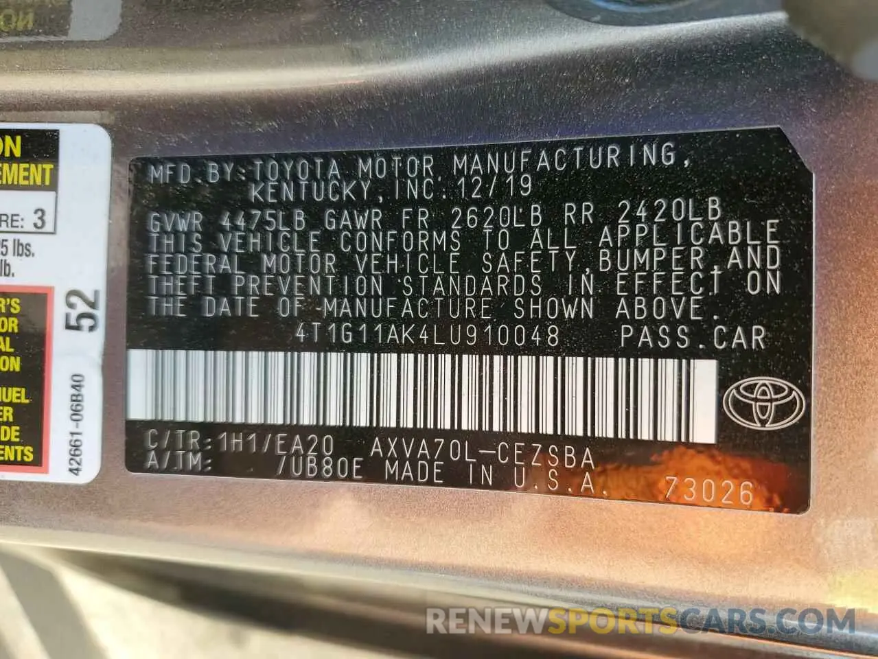 13 fotografías del automóvil dañado 4T1G11AK4LU910048 TOYOTA CAMRY 2020