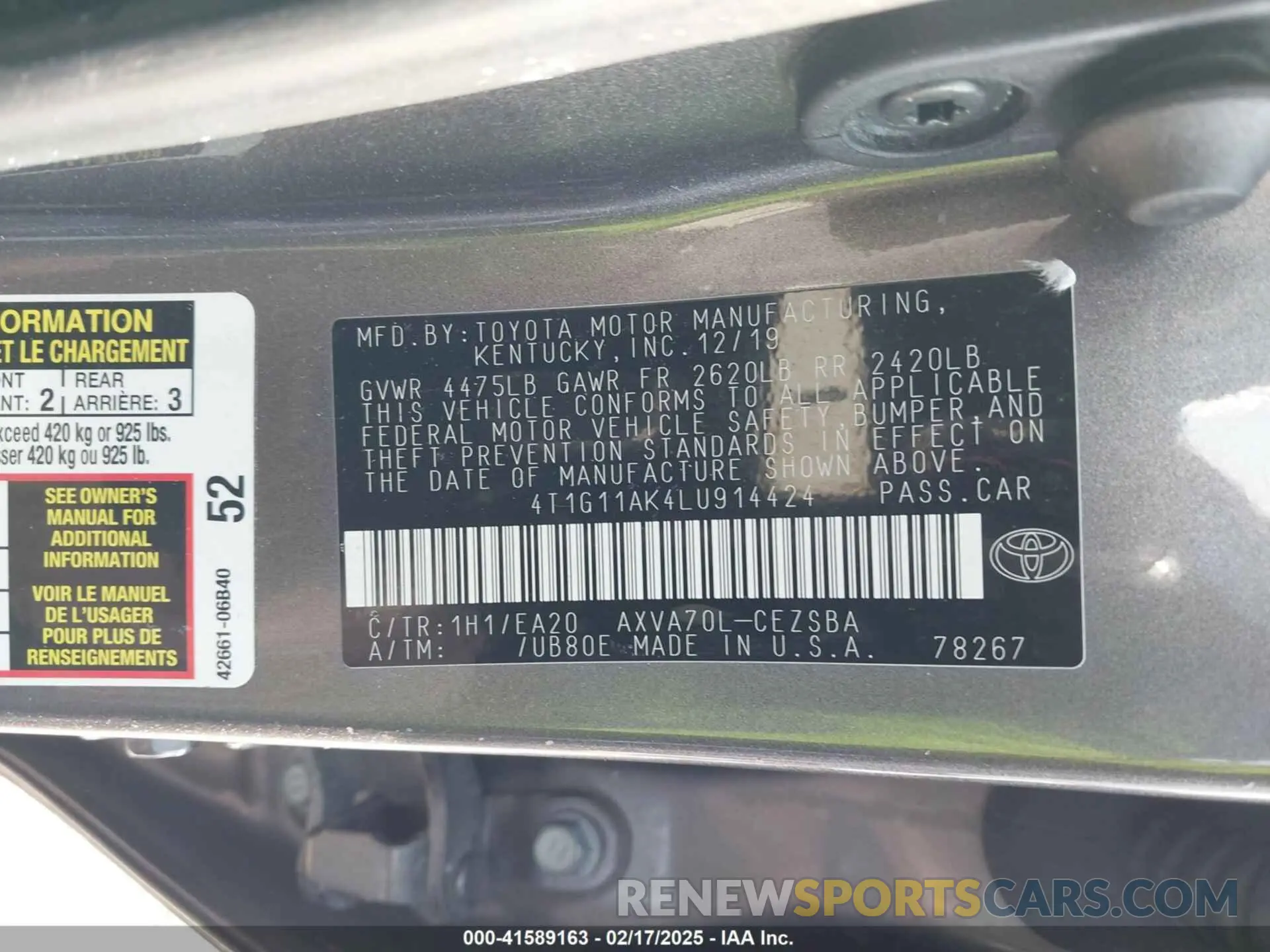 9 fotografías del automóvil dañado 4T1G11AK4LU914424 TOYOTA CAMRY 2020