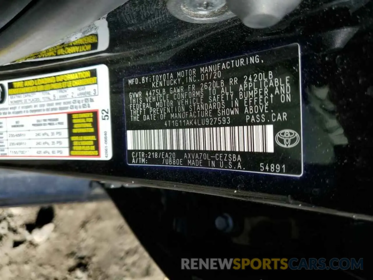 10 fotografías del automóvil dañado 4T1G11AK4LU927593 TOYOTA CAMRY 2020