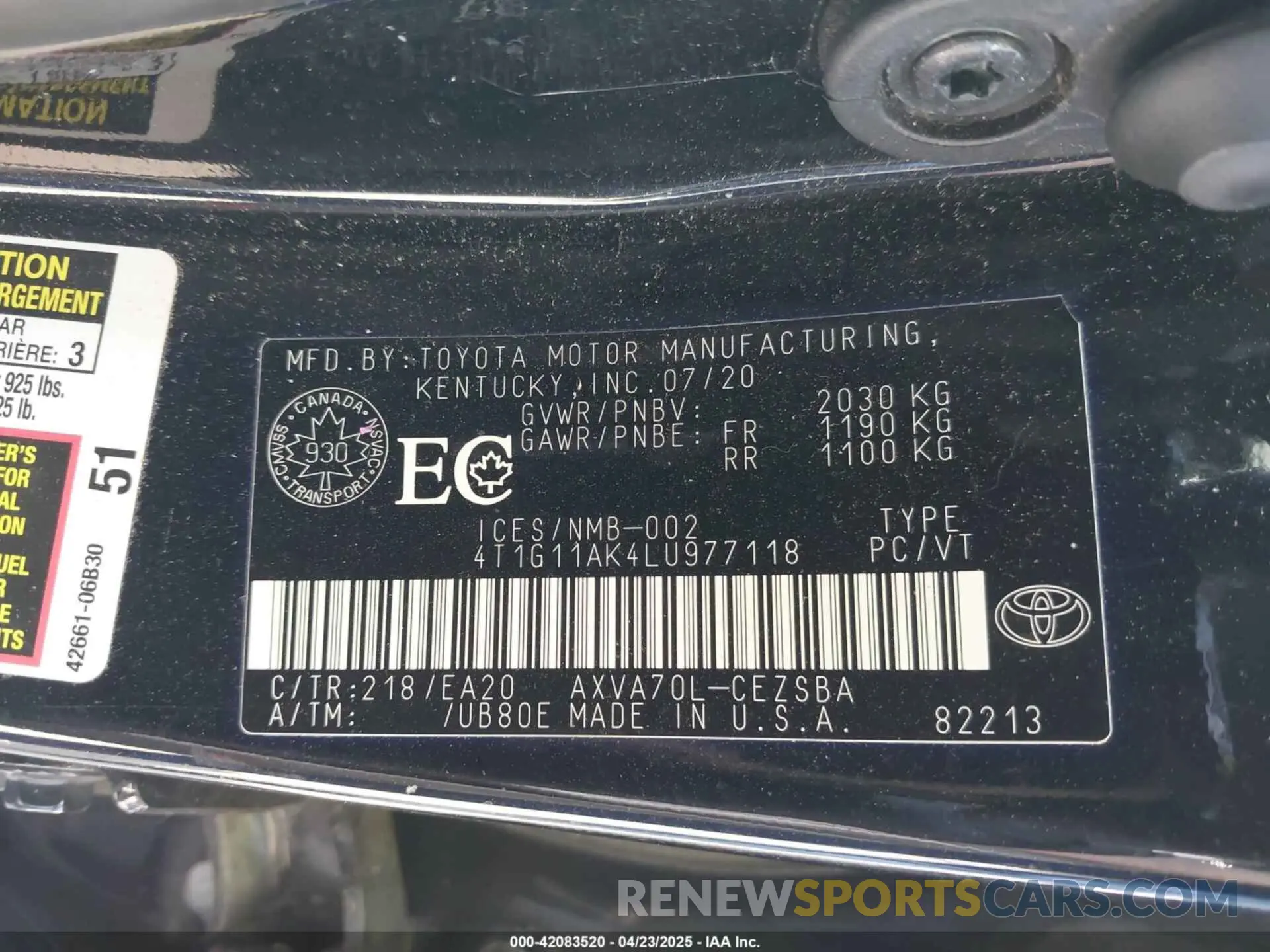 9 fotografías del automóvil dañado 4T1G11AK4LU977118 TOYOTA CAMRY 2020