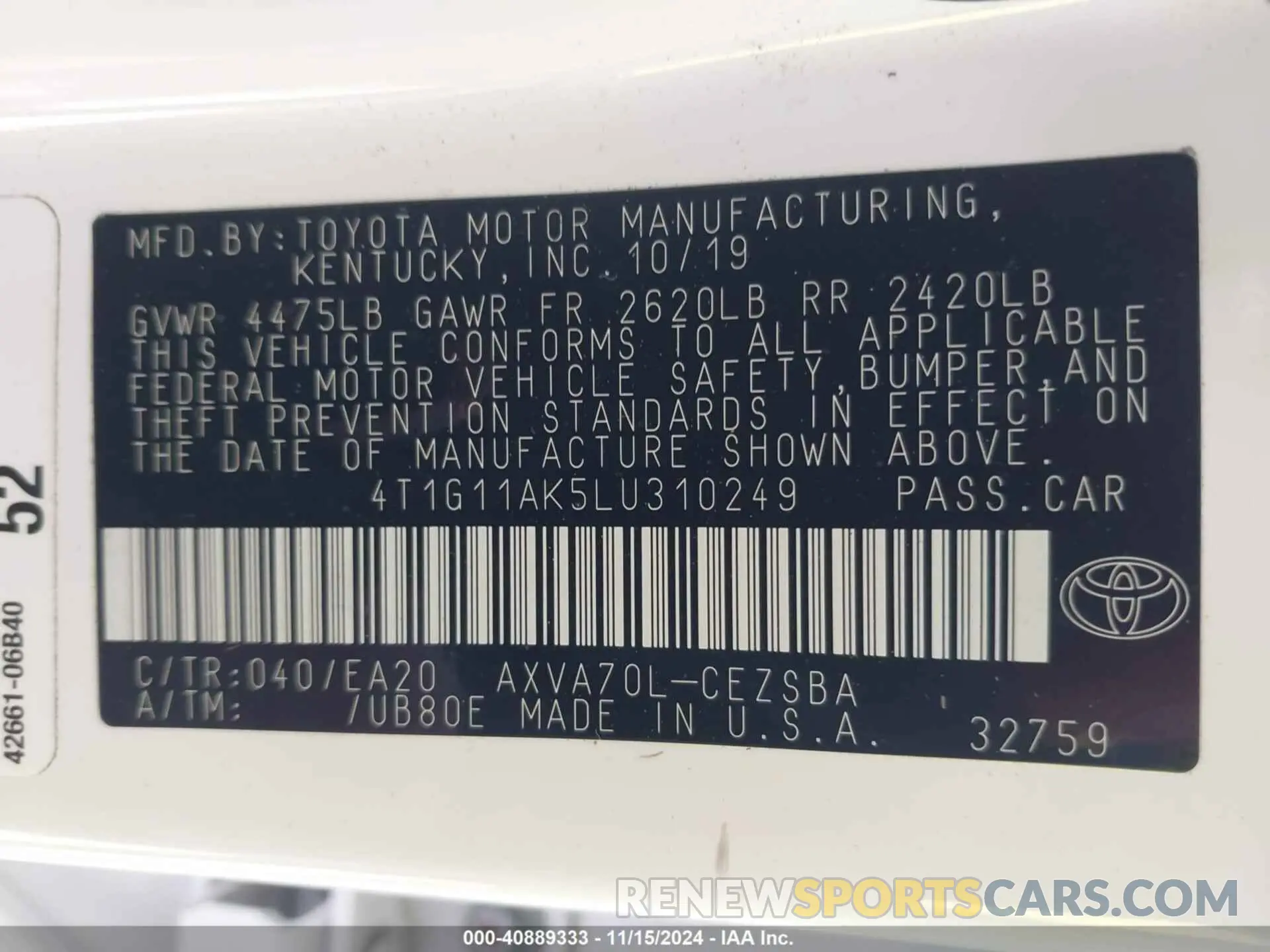9 fotografías del automóvil dañado 4T1G11AK5LU310249 TOYOTA CAMRY 2020