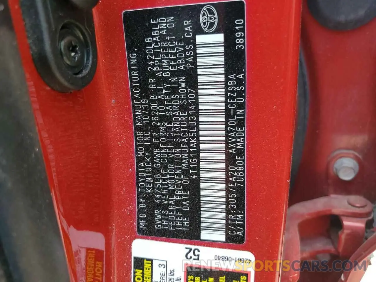 12 fotografías del automóvil dañado 4T1G11AK5LU314107 TOYOTA CAMRY 2020