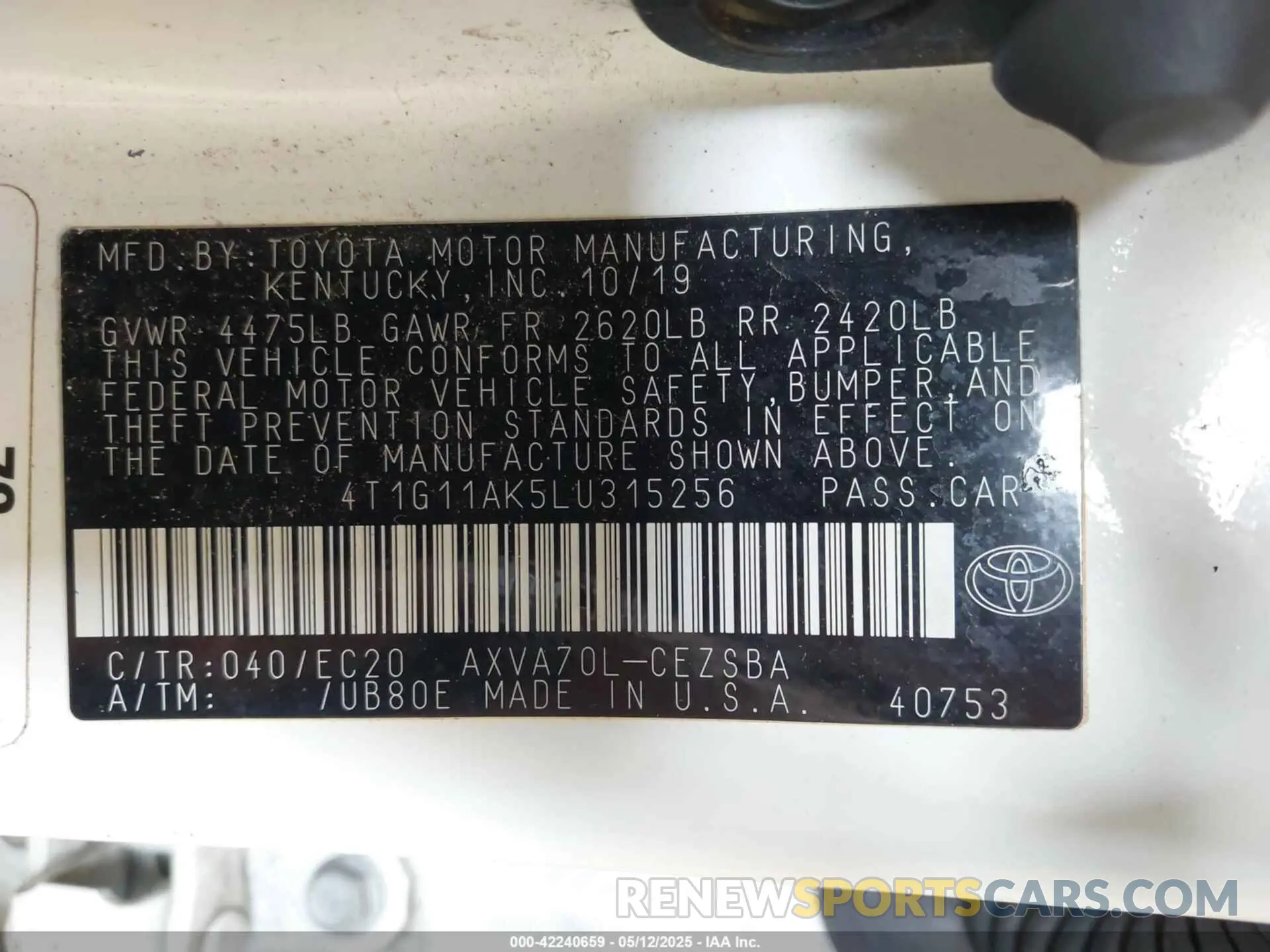 9 fotografías del automóvil dañado 4T1G11AK5LU315256 TOYOTA CAMRY 2020